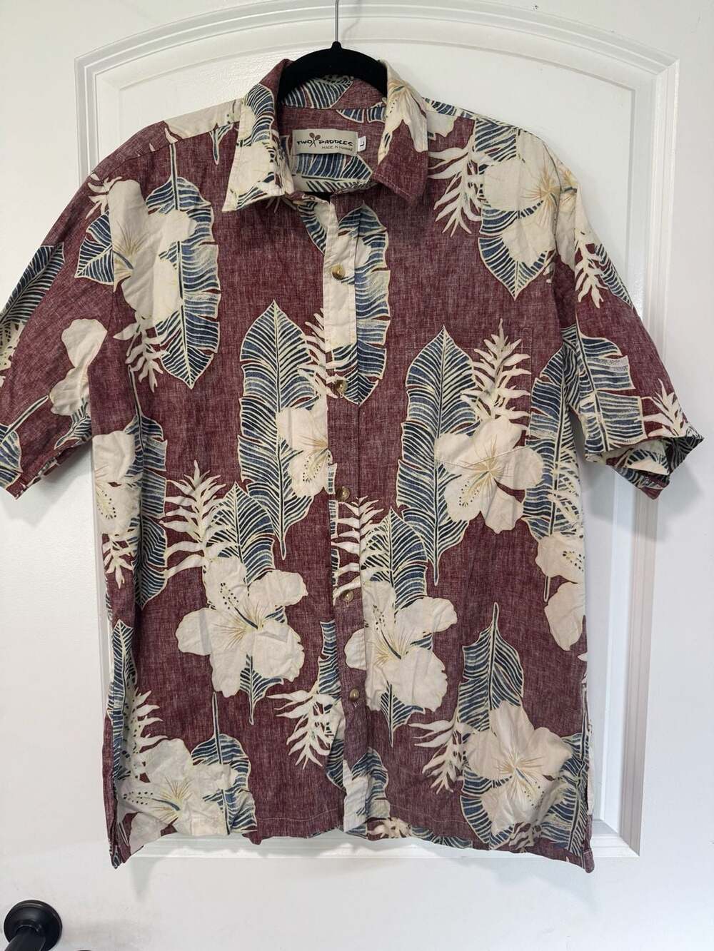 Tropical Hawaiian Floral Button Up Aloha Shirt Pocket Burgundy Blue Size L